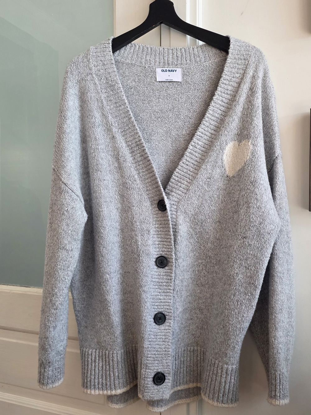 Old Navy Women's Light Gray Button-Up Heart Cardigan Sweater Oversized SMALL